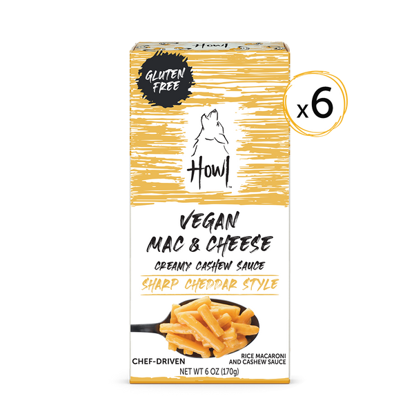Yellow box of vegan mac and cheese sharp cheddar flavor 6 pack