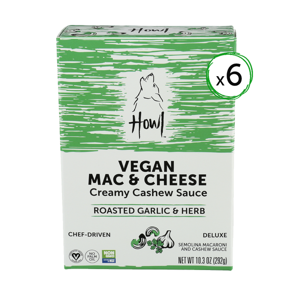 Green Box of Howl Vegan Mac & Cheese made with creamy cashews. This is the Roasted Garlic and Herb Flavor. Comes in a 6 pack.