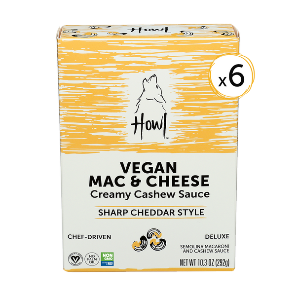 Yellow box of Cashew Based Vegan Mac and Cheese with a sharp cheddar style tang. 6 pack