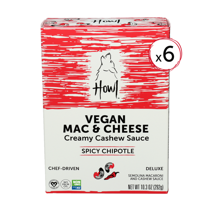 Red box of Howl Vegan Mac and Cheese made with Cashews and Spicy Chipotle. 6 pack
